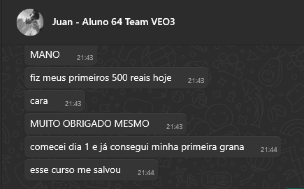 Depoimento em mensagem direta mostrando sucesso com Team VEO3